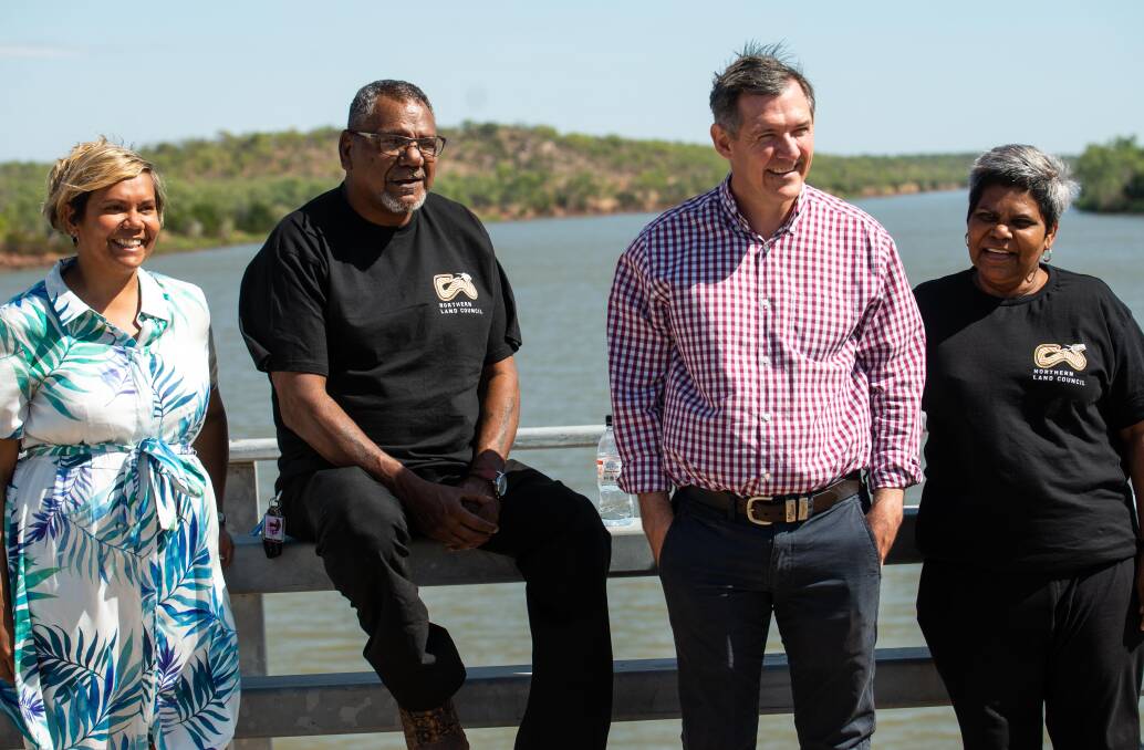 Aboriginal Affairs Minister Selena Uibo, NLC chair Samuel Bush-Blanasi, Chief Minister Michael Gunner and NLC CEO Marion Marion Scrymgour. Picture: supplied.