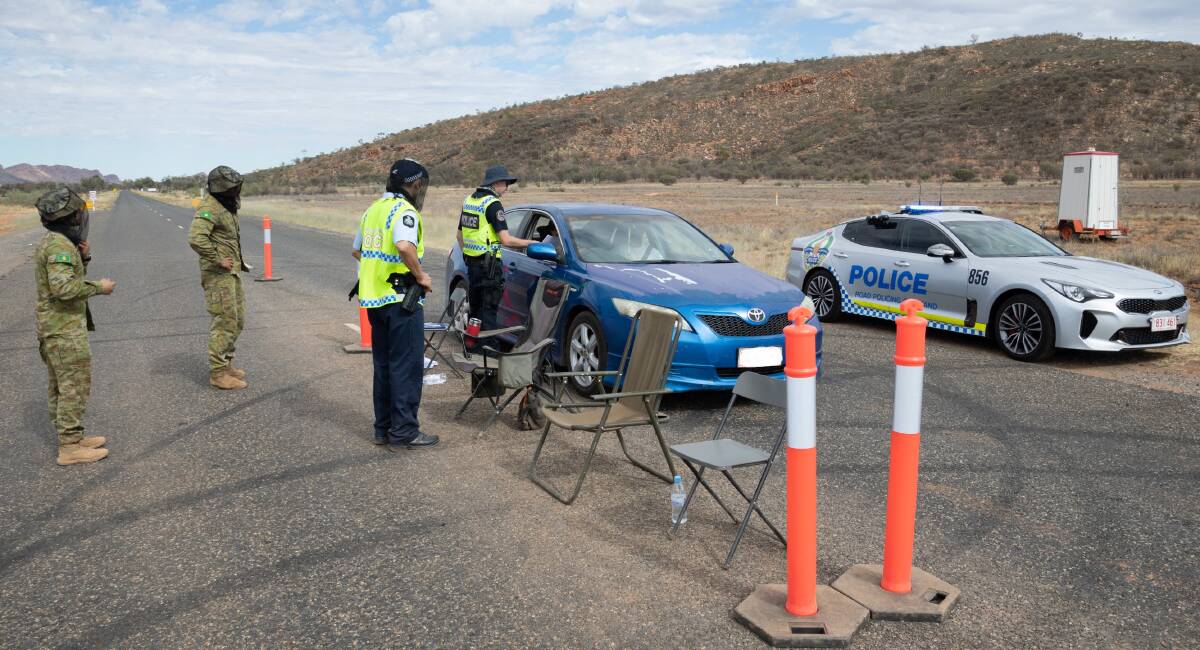 Australian Army soldiers assist Australian Federal Police and NT Police with the operation of a Biosecurity Checkpoint at Simpsons Gap, outside of Alice Springs, NT. Picture: Defence Media.