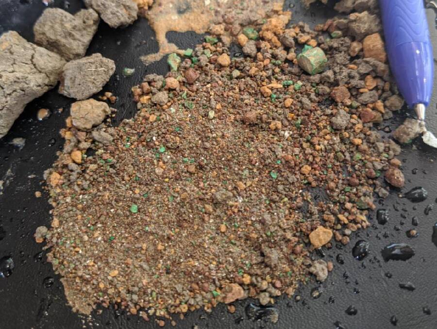 What has helped get everyone excited about a possible copper find in the Beetaloo - Copper Carbonate (Malachite). Picture: Encounter Resources.