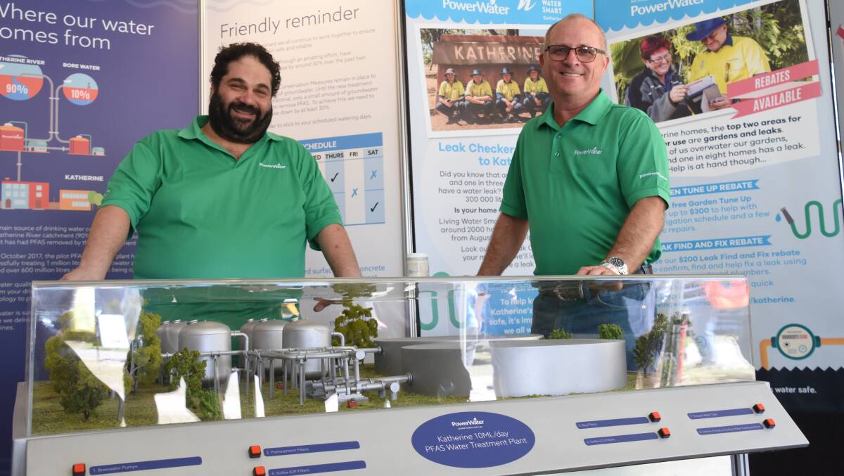 Power and Water's Skefos Tsoukalis and Ron Davidson at the show with a scale model of Katherine's new water treatment plant. Picture: Roxanne Fitzgerald.