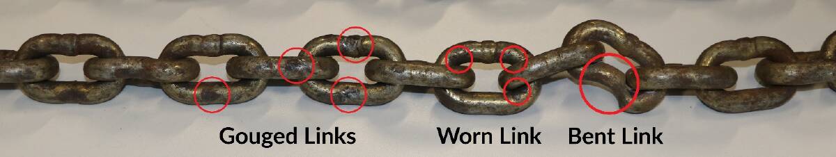 A section of chain, with examples of wear and damage.