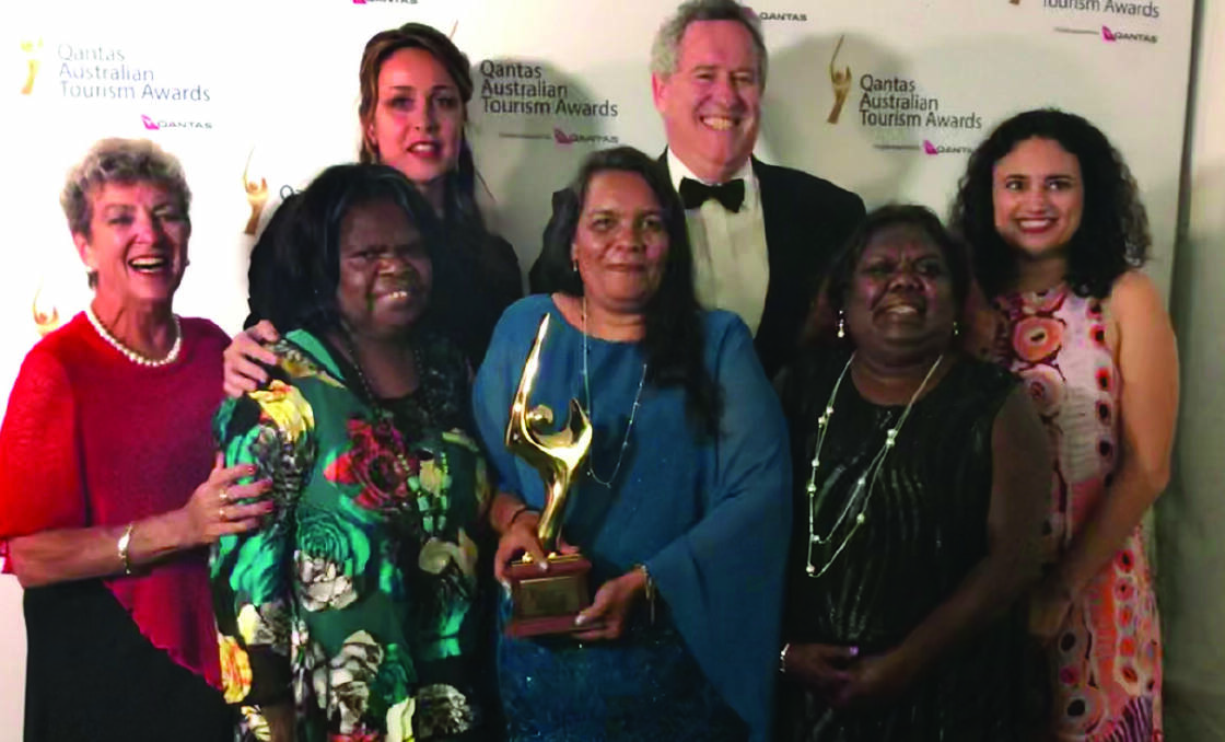 Winners are grinners. Back row from top left: Katherine Mayor Fay Miller, Nitmiluk Tours COO Sveva Falletto, board member Mark Lewis and NT Tourism Minister Lauren Moss. Front row: Jawoyn Chair Lisa Mumbin, Nitmiluk Tours CEO Jane Runyu and board member Melissa Rogers. Picture: supplied.