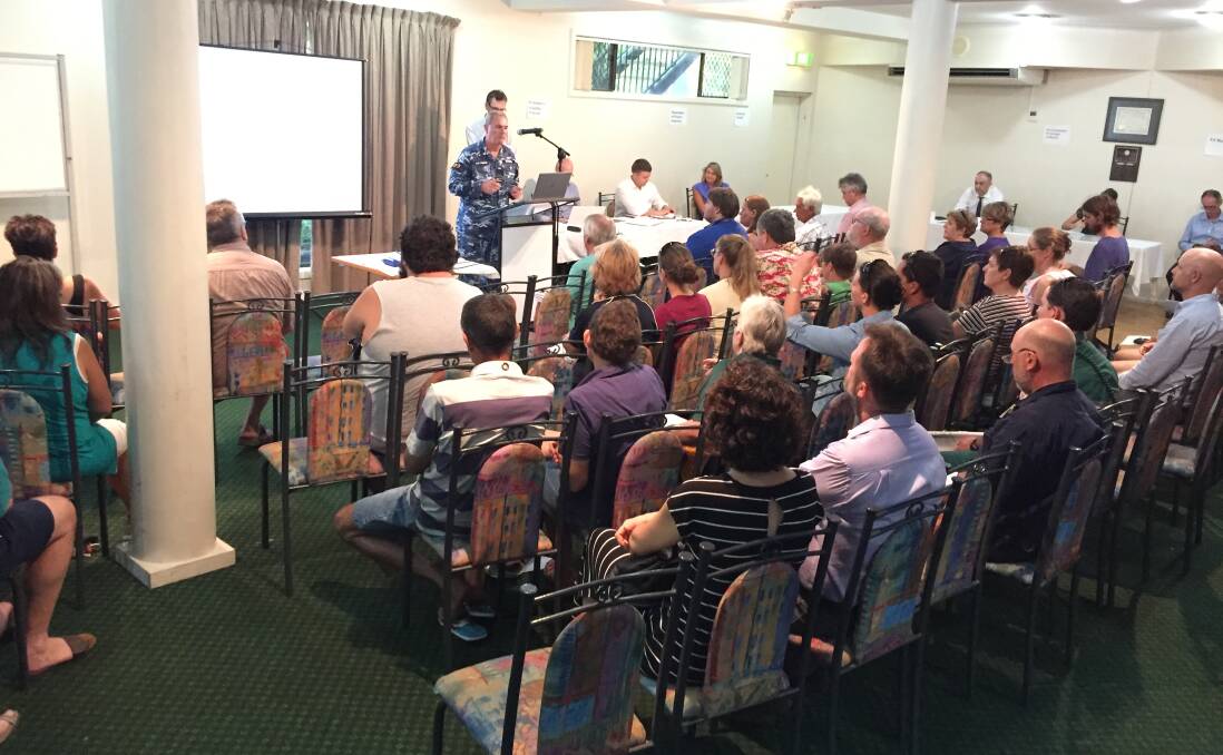 SECOND SESSION: Tindal RAAF Base chief Wing Commander Andrew Tatnell opens the second community session at Knotts Crossing yesterday.
