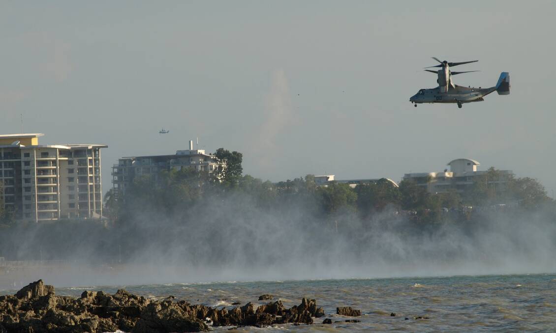 A US Air Force Osprey beats the water at Mindal Beach during a visit last year.