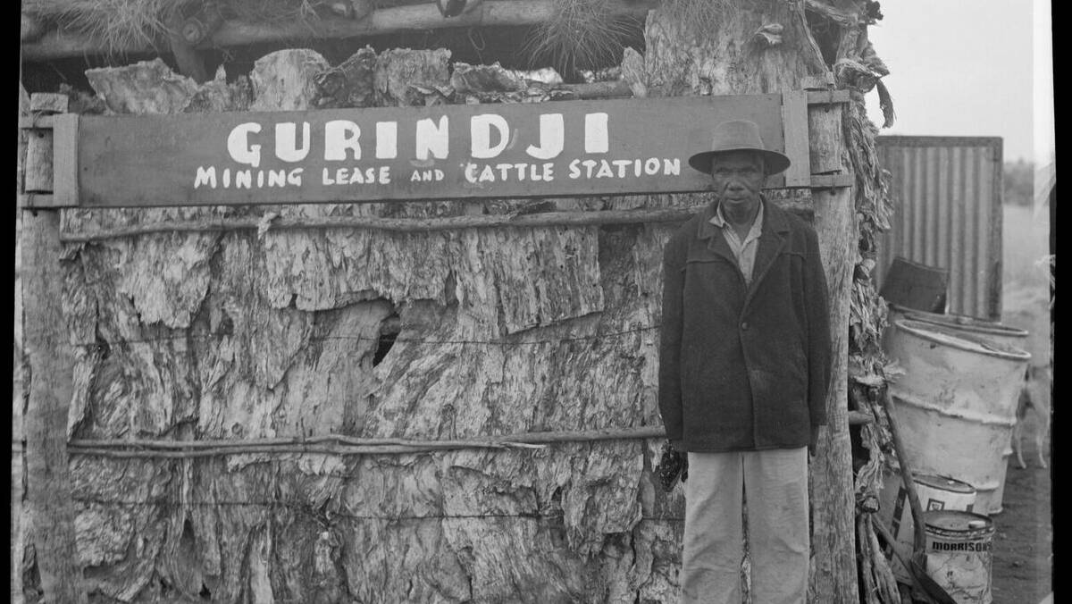 Image Dr Hannah Middleton, Vincent Lingiari with Gurindji Mining Lease and Cattle Station sign, 1970. Courtesy of Dr Hannah Middleton.