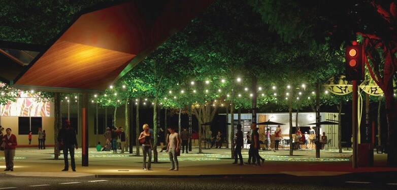 How it will look at night, an artist's impression of Katherine's new town square kiosk. Pictures: Katherine Town Council.