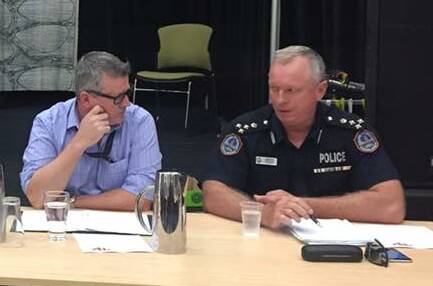 Mr Chalker with then Police Commander Matthew Hollamby at the crime meeting in Katherine last year. Picture: Roxanne Fitzgerald.