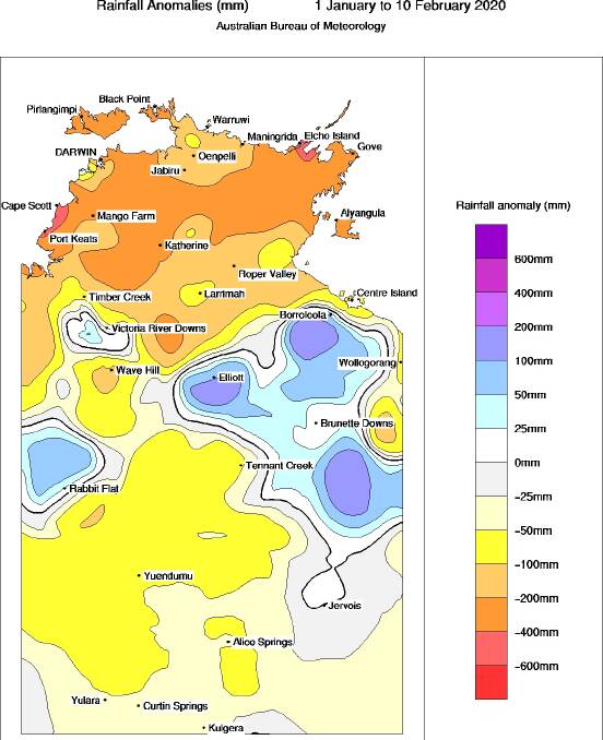 The Bureau of Meteorology's rainfall anomaly chart for this years shows Katherine remaining in a dry pocket despite last night's rain.
