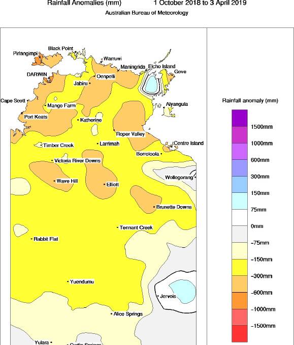 Showing just how poor the wet season has been right across the Territory, lots of yellow, or below average rainfall. Graphic: Bureau of Meteorology.