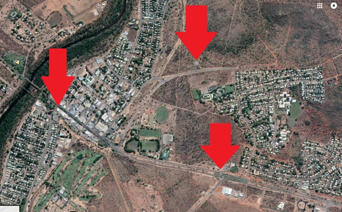 Location of Katherine's new CCTV cameras marked by red arrows. Aerial picture: Google.