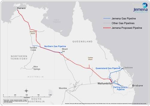 Proposed gas pipeline extensions to access Beetaloo shale gas. Graphic: Jemena.
