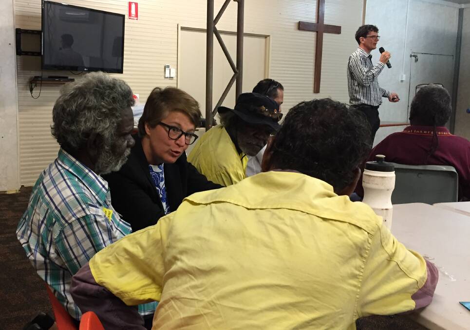 LISTENING: Justice Pepper hears from people at a public hearing in Mataranka earlier in the year. The meeting almost unanimously opposed lifting of the moratorium.