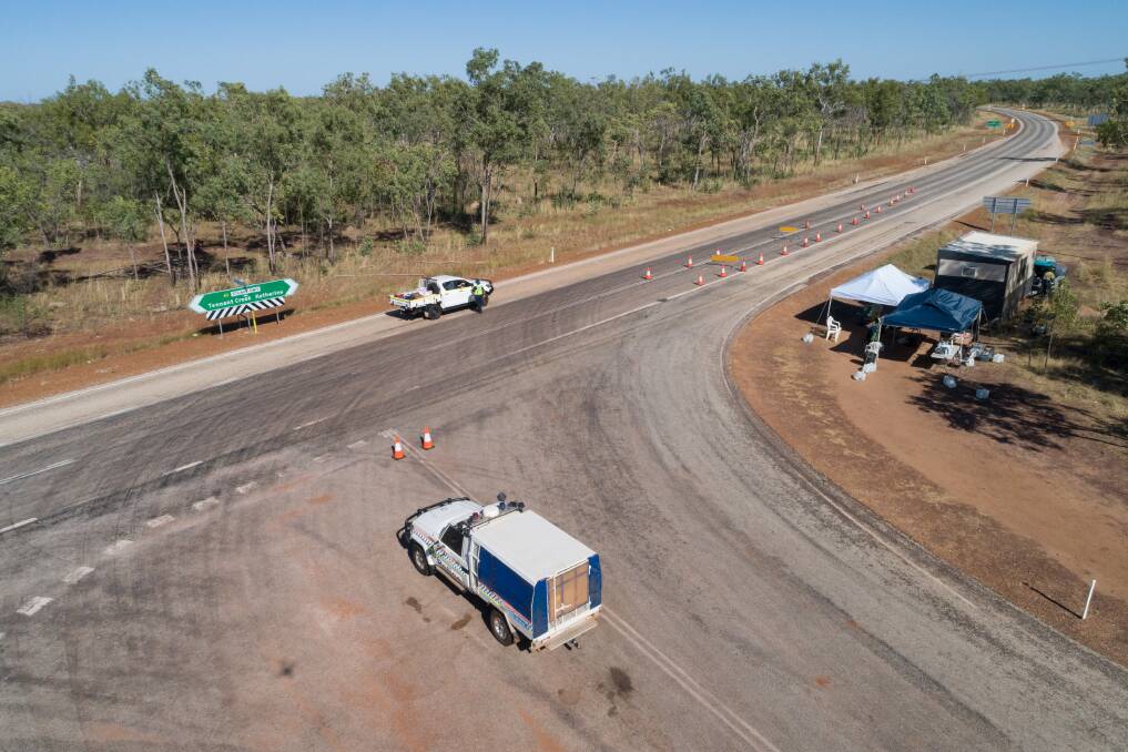 A biosecurity checkpoint operated by members of the Australian Defence Force, Australian Federal Police and the NT Police between Katherine and Barunga. Picture: Defence Media.