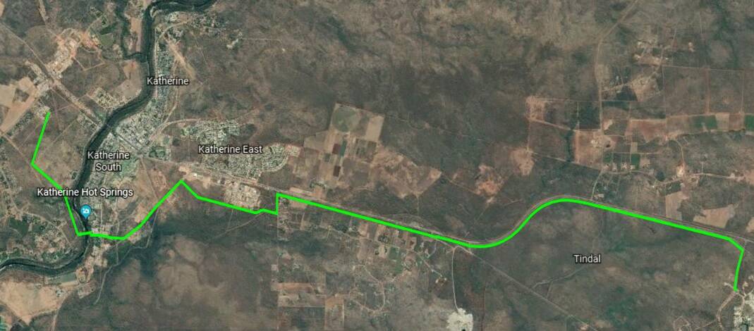 The proposed route of the third power line to Tindal. Picture: Google Earth.