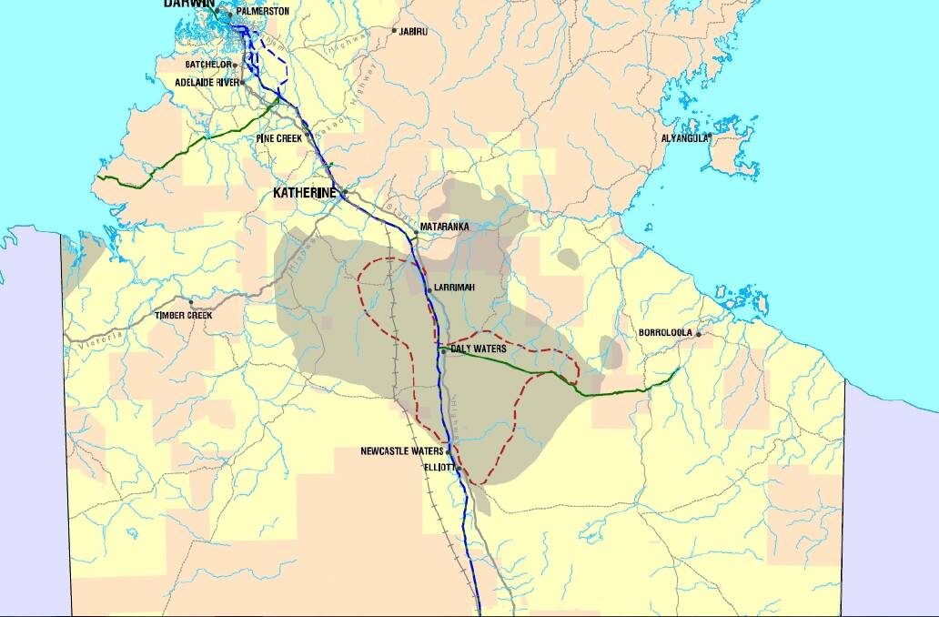 A proposed route of the gas pipeline takes it through Katherine. Map: NT Government.