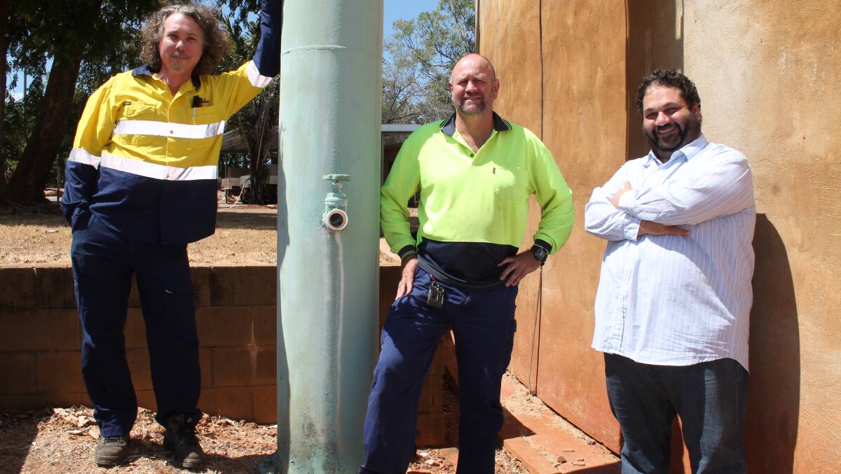 WATER RESCUE: Power and Water's senior headworks planning engineer Trevor Durling, area manager Chris Horton and senior water and waste water engineer Skefos Tsoukalis in Katherine back in May.