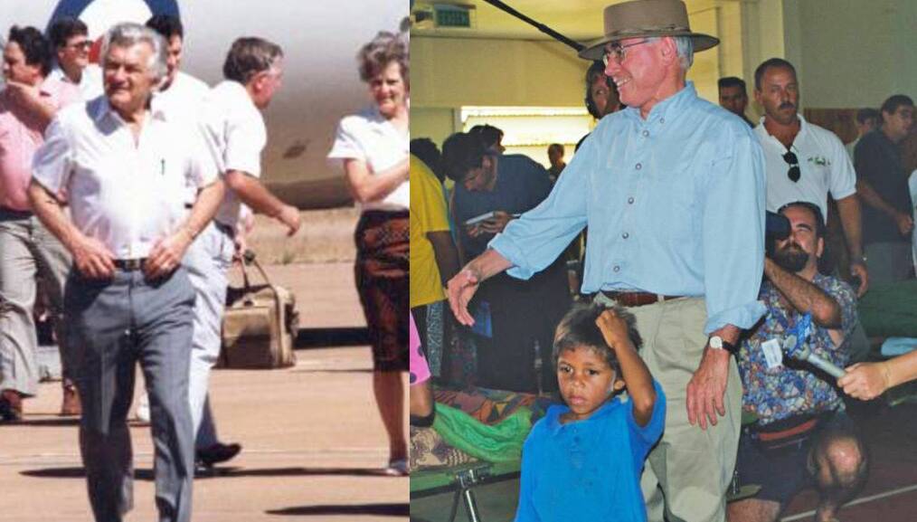 Prime Ministers pay a visit - Bob Hawke (left) at Tindal in 1988 and John Howard (right) at a flood devastated Katherine in 1998.