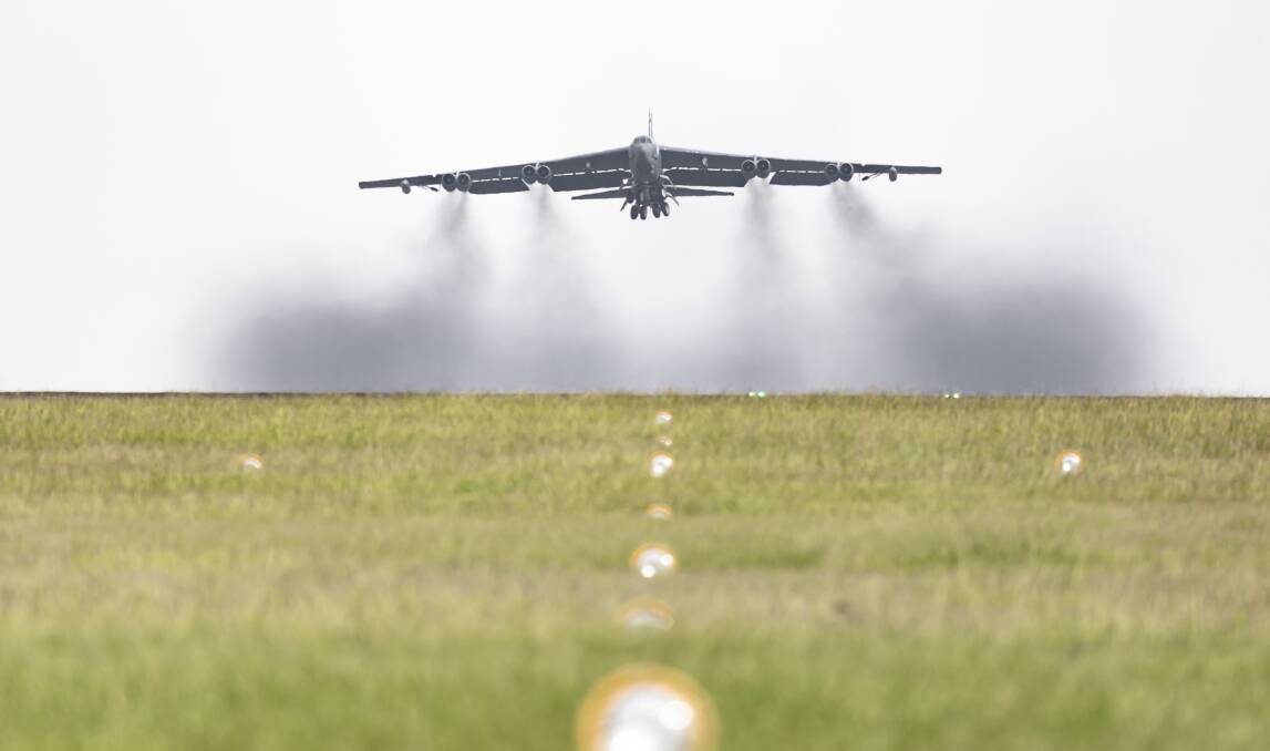 BIG VISITOR: A US Air Force B-52 Stratofortress Bomber takes off from RAAF Base Darwin during a joint exercise last year. Picture: Defence.