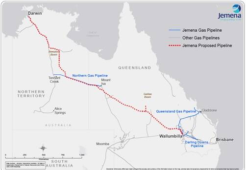 NATION BUILDING: Proposed gas pipeline extensions to access Beetaloo shale gas which are key to tapping into the area's potential. Graphic: Jemena.