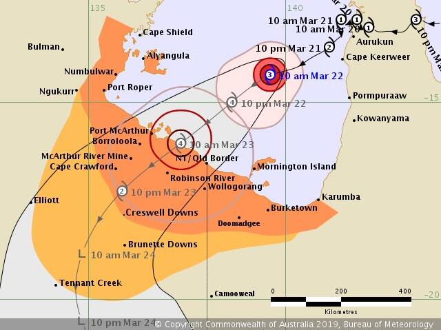 The latest TC Trevor tracking map, issued at 11am. Graphic: Bureau of Meteorology.
