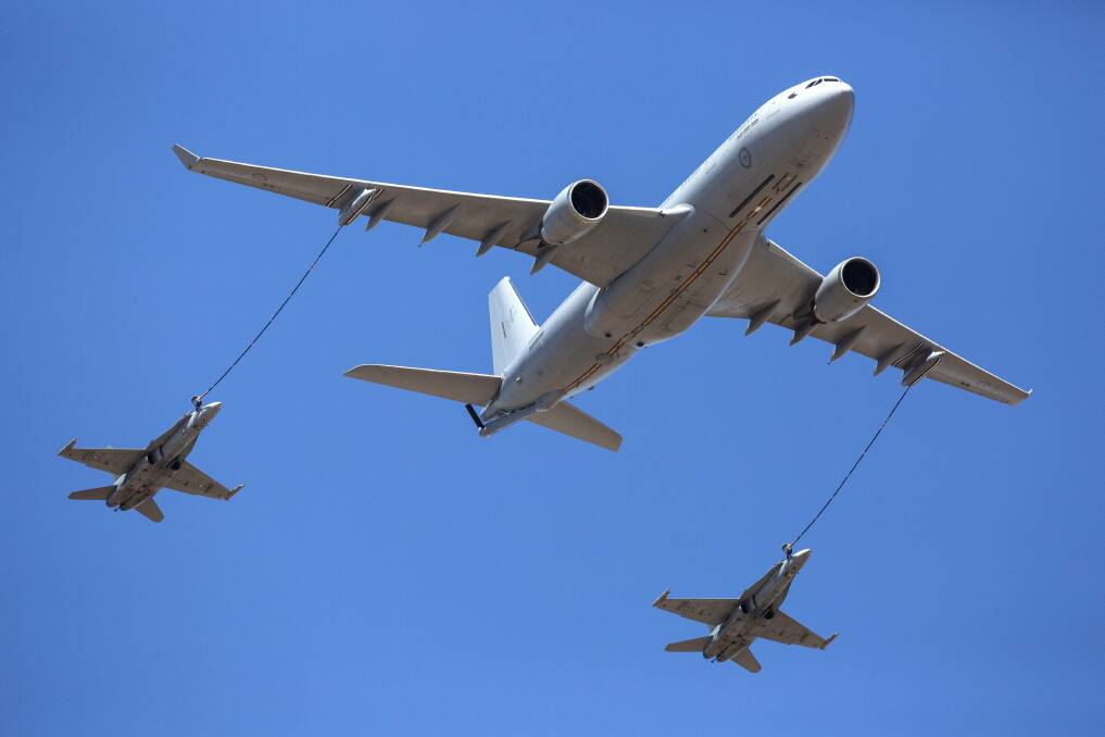 A pair of F/A-18 Horbnets are refuelled by the KC-30A Multi Role Tanker Transport. Picture: Defence.