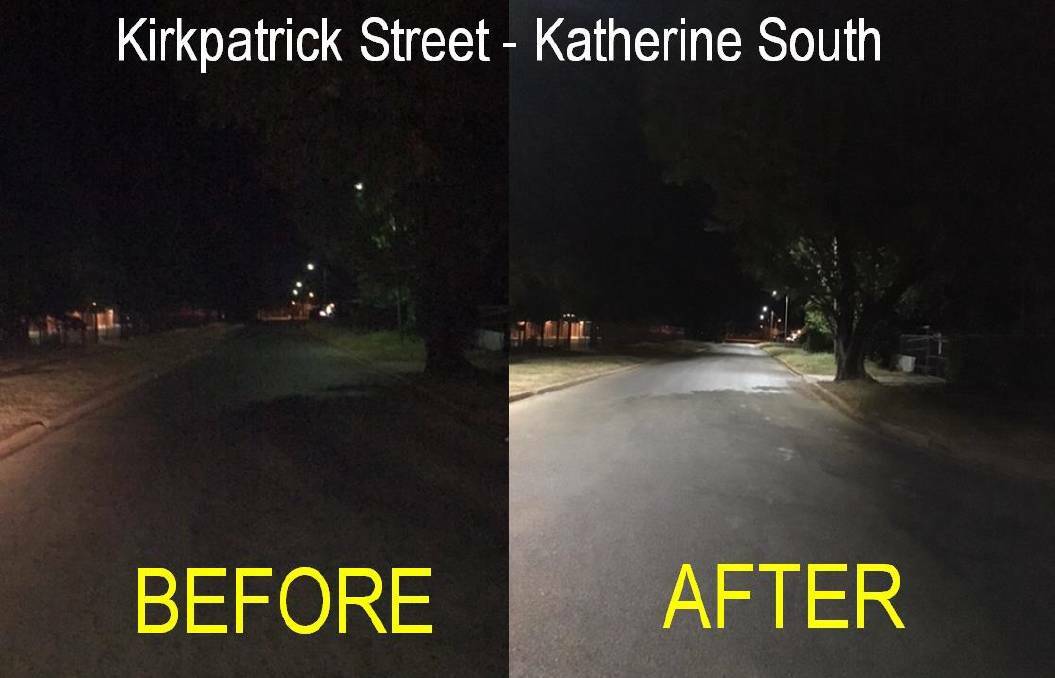Before and after shot of the new lights in Kirkpatrick Street.