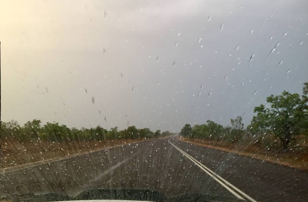 Rain on the windscreen driving along the Stuart Highway to Katherine yesterday.