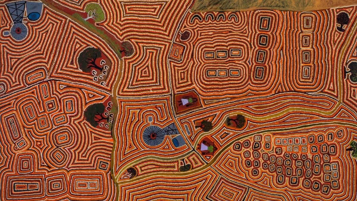 Image Biddy Wavehill Yamawurr Nangala and Jimmy Wavehill Ngawanyja Japalyi, Jinparrak (Old Wave Hill Station), 2015, synthetic of polymer paint on canvas, 150
x 96cm. Courtesy the artists and Karungkarni Art and Culture Aboriginal Corporation.