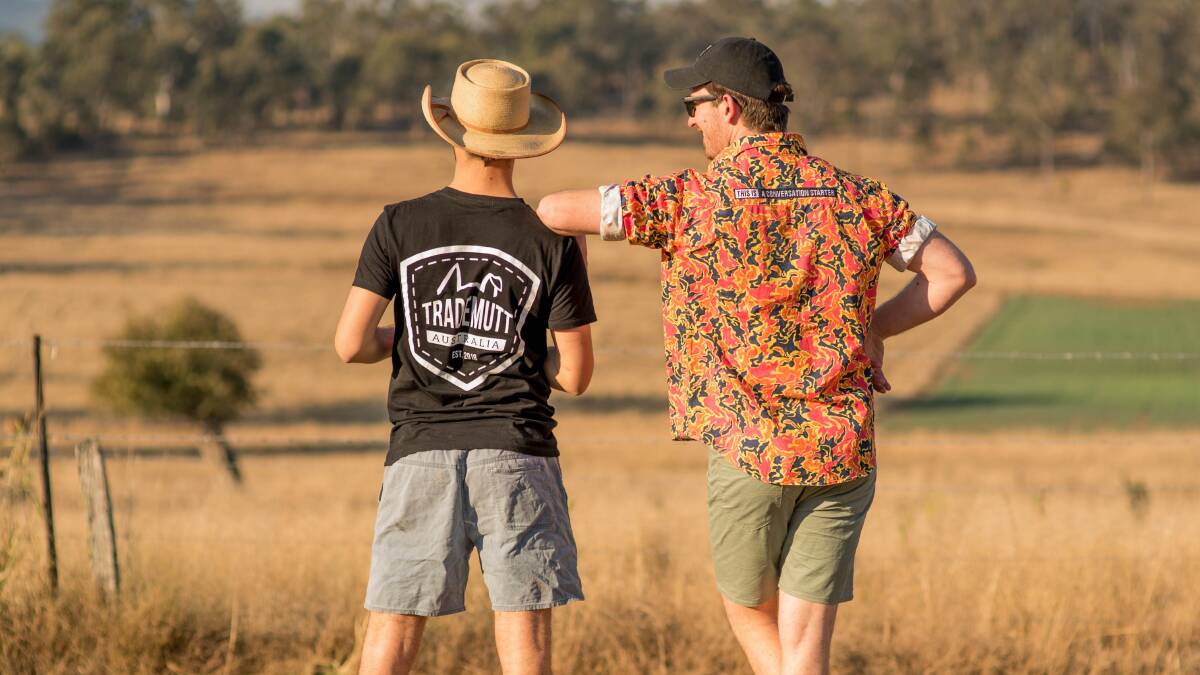 Ed Ross, formerly of Longreach, and Dan Allen, are taking a light-hearted approach to the serious problem of mental health with their one-of-a-kind workshirts. Pictures supplied.