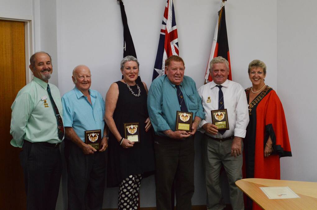 KATHERINE DEDICATION: Deputy mayor Henry Higgins and mayor Fay Miller congratulate Brian Lambert, Toni Tapp-Coutts, Jim Forscutt and Rob Phillips on their awards.