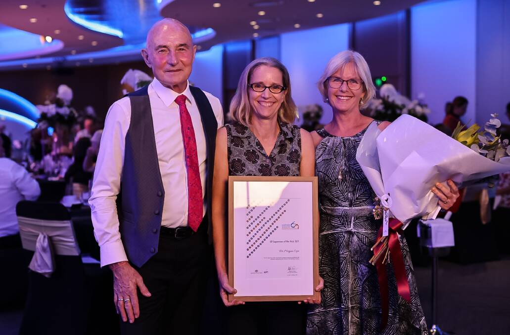 SUPRISED AND DELIGHTED: NTGPE Awards 2021 GP Supervisor of the Year - Dr Megan Cope (centre) with Dr Hugh Heggie, NT CHO and Dr Jenny Davis, Lead Medical Educator for Supervisor and Practice. Picture: supplied.