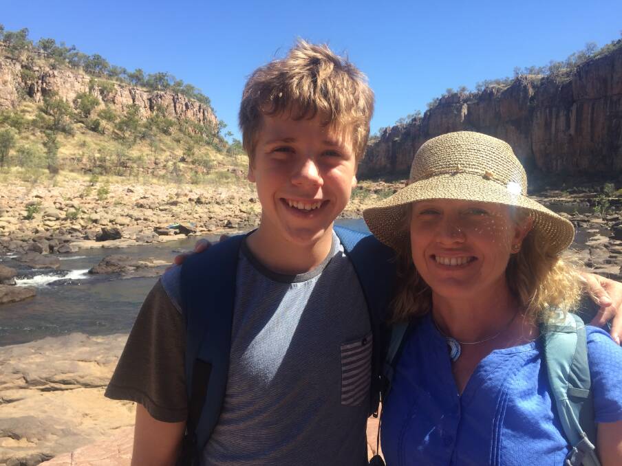 Angus with his mother Megan Pickering, on the set of Top End Wedding as an extra, which was shot at Nitmiluk Gorge in 2018.