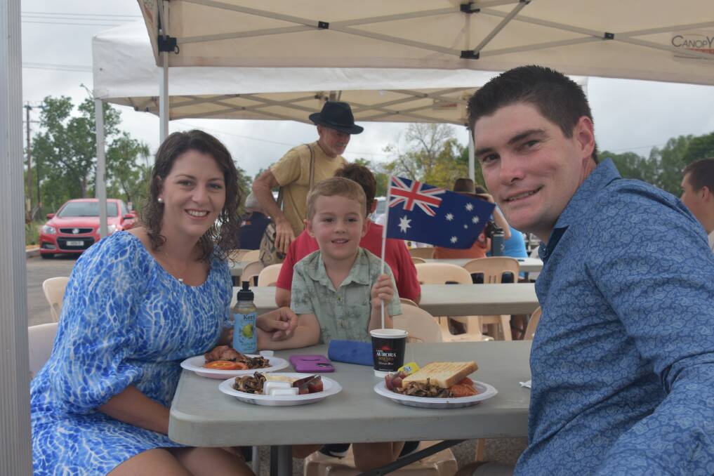 Lauren, Lincoln and David Reed enjoy their breakfast at the Katherine Club. Picture: Tom Robinson. 