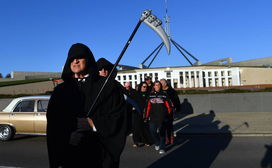 Bob Katter's Grim Reaper stunt belies a bleak future for protectionism in Australia. Picture: Getty Images