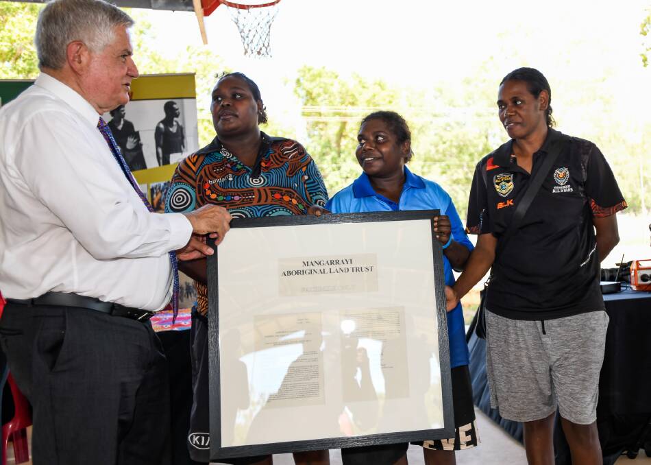 Minister Wyatt with members of the Mangarrayi Aboriginal Land Trust. Photos supplied.