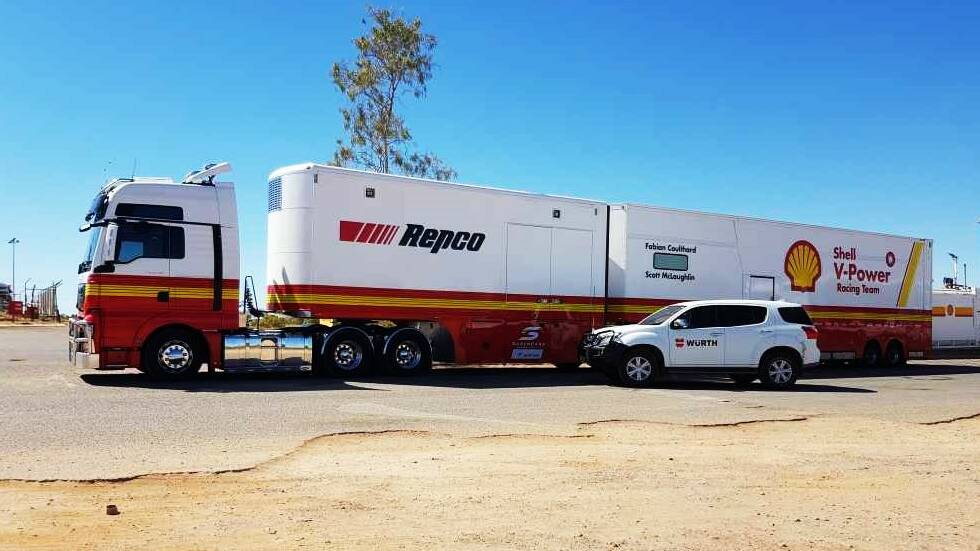 The Shell V-Power Racing Team transporter stopped at Mount Isa. Photo: Shell V-Power Racing Team