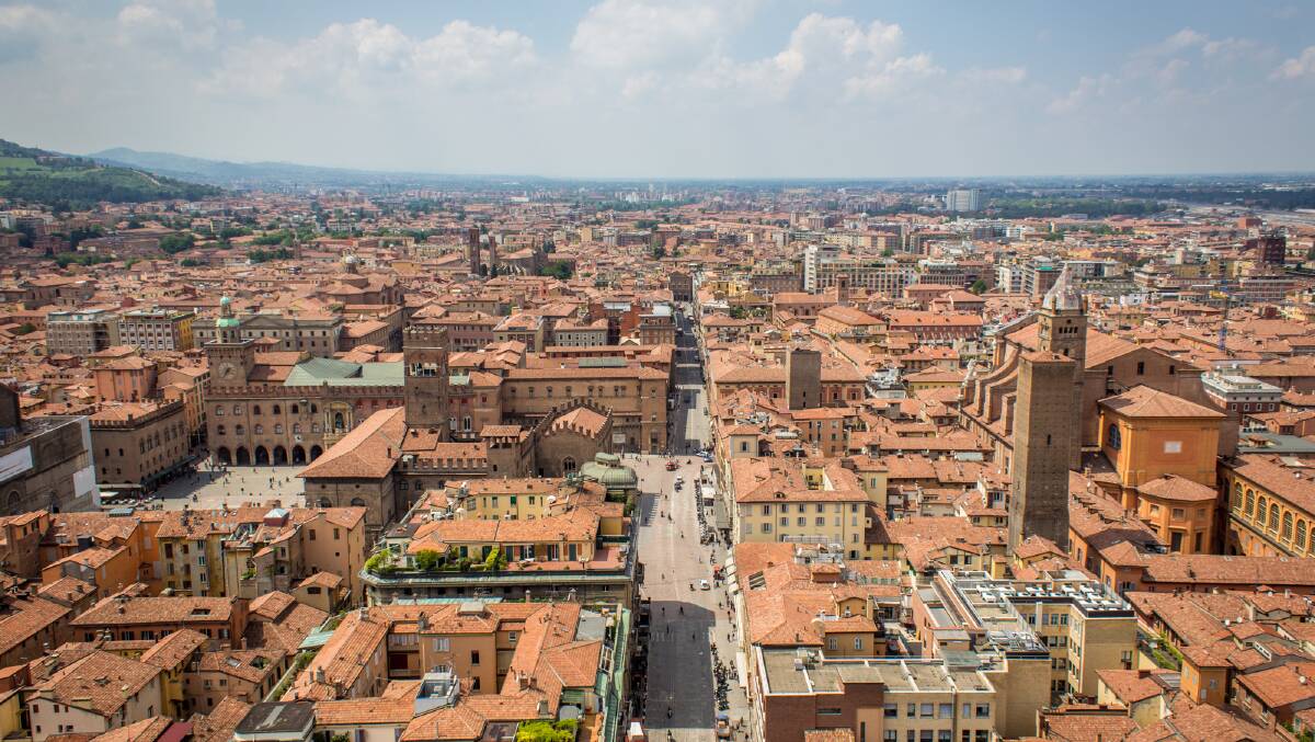 Looking out across Bologna, Italy, from the 97-metre-high Asinelli Tower.
