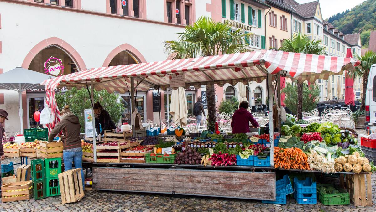 A market stall in a square in Freiburg.
