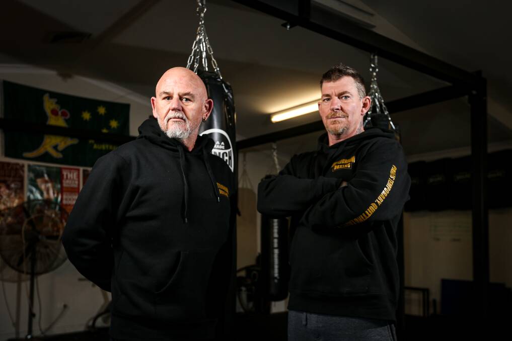 Darcy Brown, 50, is training two hours a day with Merv Laycock, who runs Battleground Boxing in Wodonga, in preparation of his first fight.Photos: James Wiltshire