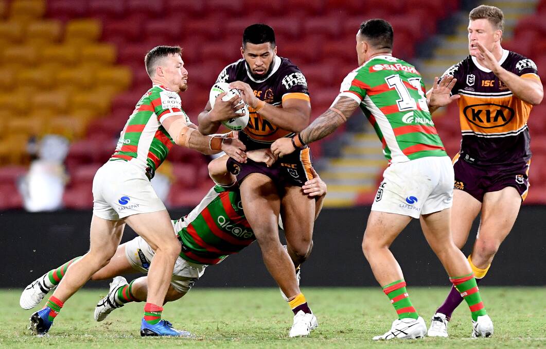 Payne Haas of the Broncos takes on the defence during the round 2 NRL match between the Brisbane Broncos and the South Sydney Rabbitohs at Suncorp Stadium on March 20, 2020 in Brisbane before the season was suspended due to COVID-19. Photo by Bradley Kanaris/Getty Images