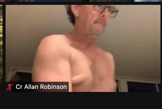 'UNCLOTHED': A leaked image from the Zoom call showing a shirtless Allan Robinson. This view was not seen on the public webcast. 