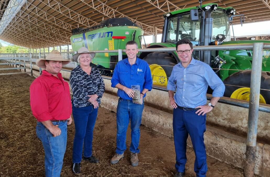 Discussing the importance of fodder crops to the northern cattle export supply chain is (from left) Berrimah Livestocks Brendon Lewis, Senator Sam McMahon, NTLEA CEO Tom Dawkins and Minister David Littleproud at the Berrimah Export Yards. Picture: Supplied