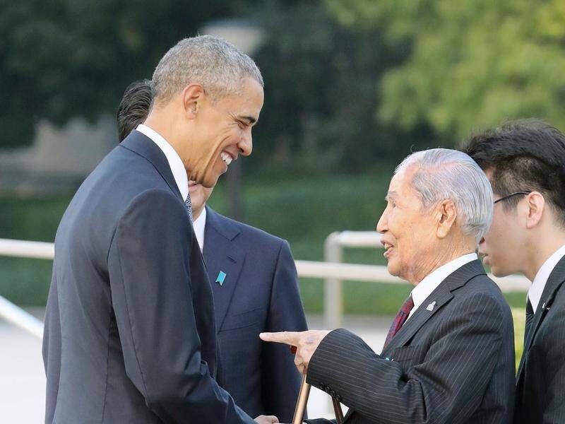 President Barack Obama meets atomic bomb survivor Sunao Tsuboi in 2016.