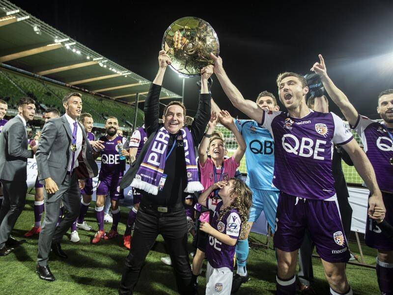 Tony Sage and Glory players in happier times, celebrating winning the 2019 A-League Premiers Plate.