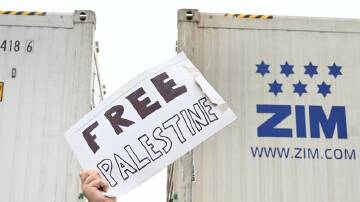 A pro-Palestine protest is seeking to block the operations of ZIM shipping at the Port of Fremantle. (James Ross/AAP PHOTOS)