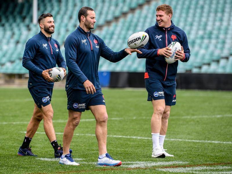 Relaxed Sydney Roosters trio James Tedesco, Boyd Cordner and Dylan Napa during NRL grand final week.