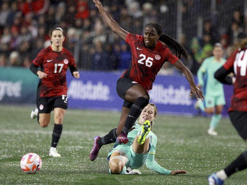 Simi Awujo (26) was one of four Canadian goalscorers in the 5-0 thrashing of the Matildas. (AP PHOTO)