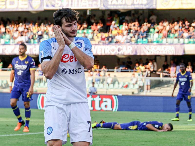 Napoli's new signing Khvicha Kvaratskhelia celebrates scoring against Verona. (EPA PHOTO)