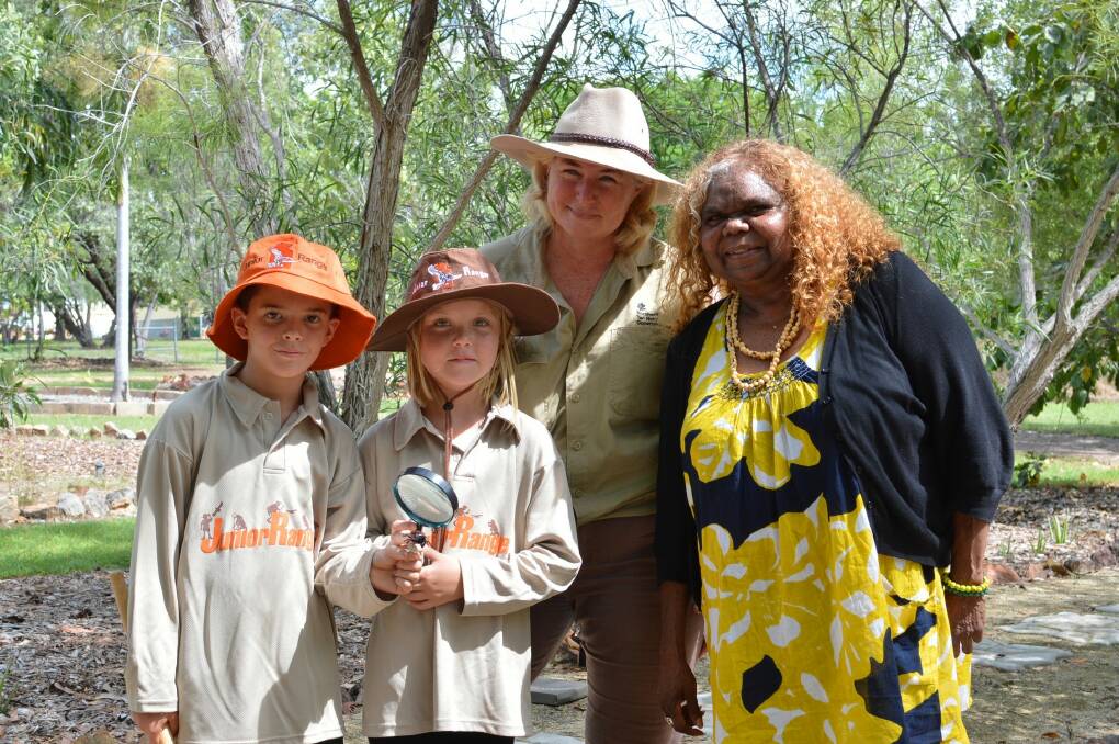 TALKING WILDLIFE: Junior rangers Joshua King and Erin Dah discuss what it is like to be a ranger with Parks and Wildlife Commission NT community engagement and education officer Clare Pearce and Parks and Wildlife Minister Bess Price in Katherine on February 27.