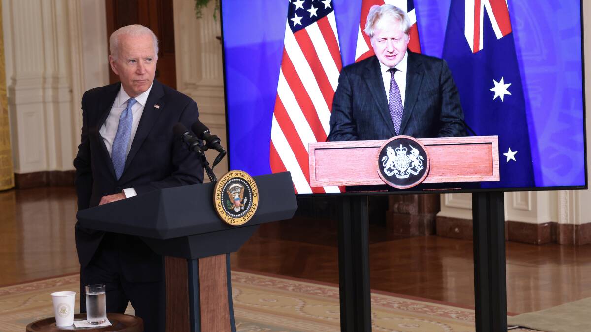 US President Joe Biden and UK Prime Minister Boris Johnson at the AUKUS announcement. Picture: Getty Images
